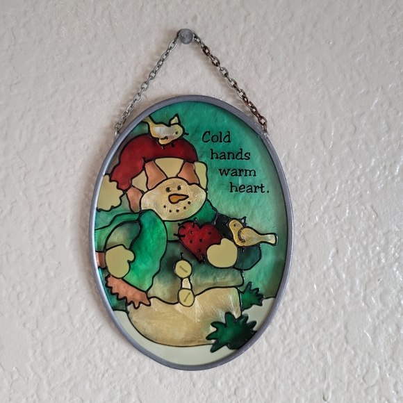 Vintage Stained Glass "Cold Hands Warm Heart" Christmas Sun Catcher 4.5" - Picture 1 of 9